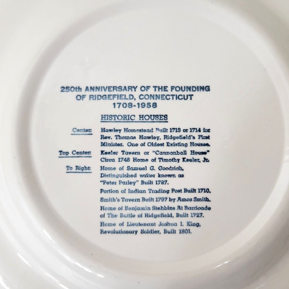 Ridgefield Connecticut 250 Anniversary Blue and White Plate 1958 - Picture 3 of 5
